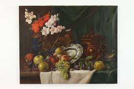 Still Life of Banquet Table with Fruit, Vintage Original Oil Painting 30"