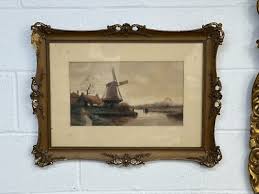 antique watercolor windmill listed artist gilt frame 1800s ...
