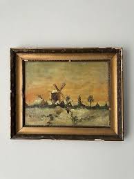 Old Oil On Canvas Windmill Countryside Snowy Winter Painting ...