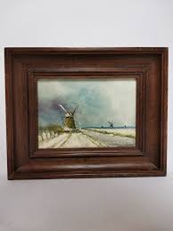 Vintage Small Painting Dutch Winter Landscape With Windmills ...