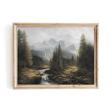Mountain river landscape oil painting vintage art farmhouse ...