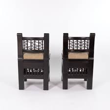 Pair Of Moorish Ebonized Low Chairs With Upholstered Seats, Morocco Circa 1920 - Garden Court Antiques