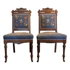 Early 20th Century Antique Eastlake Aesthetic Period Blue Floral Needlepoint Side Chairs, a Pair | Chairish