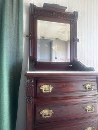 Rare 19th Century Eastlake Boarding House Chest by Shellas & Chestnut With Carrara Marble Top and Beveled Carved Mirror | Chairish