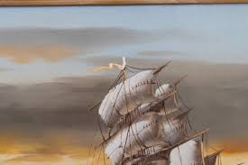 Vintage Oil Painting of Ships at Sea by Rick Boren - 48 x 24 ...