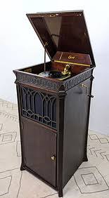 Edison Upright Mahogany Victrola With Records. Edison D