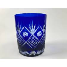 Whiskey Crystal Glasses Tumbler Baccarat Style Blue and Red Cut 1970s | Chairish