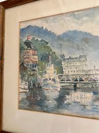 Vintage Water Color Print Interlaken, Sweden 1960 - Turquoise : Turquoise