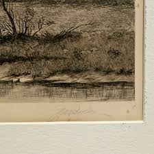 Antique Etching of Landscape with Fly Fisherman - Signed ...