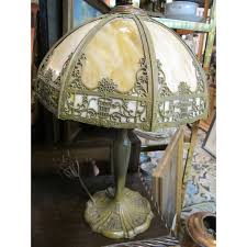 Antique Ornate Brass Stained Bent Slag Glass Lamp | Chairish