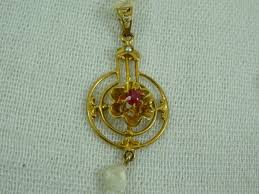 10K Gold Ruby Flower & Dangle Pearl Pendant 1 1/4" Yellow ...