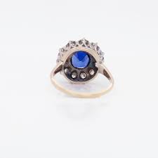 Edwardian 14K Gold, Old European Cut Diamond and Synthetic Sapphire Cluster Ring For Sale at 1stDibs