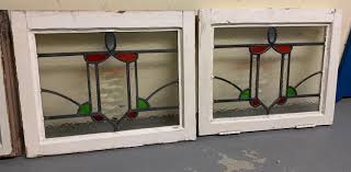 3 Antique English Stained Glass Windows BLUE Dot Red Green ...
