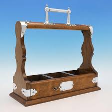 Wood and Sterling Silver Tantalus with 3 Original Decanters, Hallmarked in 1925 at 1stDibs