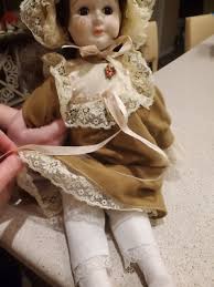Antique Doll in corduroy dress with brown hair & brown eyes ...