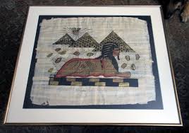 Framed Papyrus, Hand Painted, Egyptian Art Sphinx, Pyramids 22" X 18½" | eBay