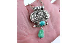 Large Antique Sterling Silver Tiger Locket Necklace Natural Turquoise 33.7 g | eBay