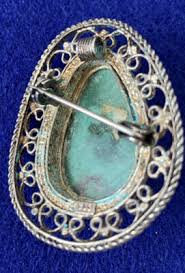 Vintage Large Filigree Style Sterling Marked 935 Turquoise Brooch Pendant