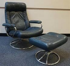 Lot - Ekornes Stressless Blue Leather Chrome Plated Lounge Chair and Ottoman, H: 38 in