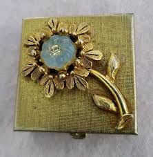 Vtg Gold Tone Hinged Pill Box Purse Accessory 3D Blue Flower w/Rhinestone 1.5" | eBay