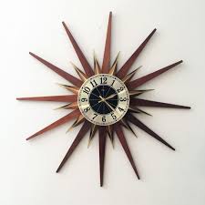 Mid Century Modern Starburst Wall Clock, Walnut & Brass - EPOCH