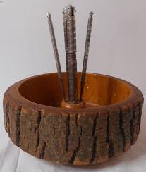Wooden Nut Bowl Dish Edge Tree Bark 2 Nut Crackers 8 Metal ...