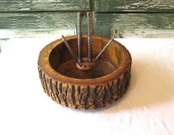 Vintage MCM Wooden Nut Cracker Bowl, Tree Bark Sides, Brown ...