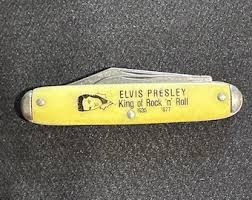 1977 Elvis Presley Collectible Commemorative Folding Pocketknife, Brass? Guitar Shaped Case With Mother of Pearl (faux?) Center by Colonial - Etsy