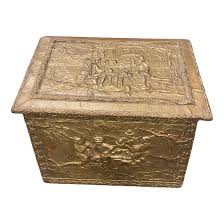 Firewood Coal Wood Repousse Box with Artistic Scenes Brass Panels, 19th Century | Chairish