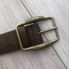 Brown floral leather belt with gold buckle Length:... | Depop