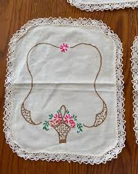 3 Pc Vintage Hand Embroidered Beige Doilies or Antimacassars Flower Baskets | eBay