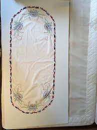 vintage embroidered blue lotus flwrs brown cattail red,white ...