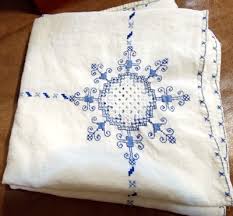 Antique Handmade Table Cloth Topper 40x40 Embroidery Cutwork Linen Blue on white | eBay