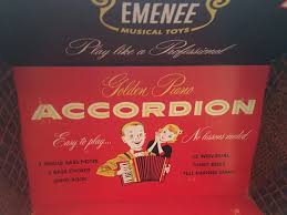 1955 Emenee Gold Piano Toy Accordion in Original Box no 405. For Sale at Ruby Lane