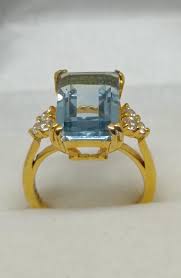 5CT Emerald Cut Simulated Aquamarine Cluster Ring 14K Yellow ...