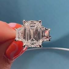 6Ct Emerald Cut Moissanite Three Stone Engagement Ring 14k ...