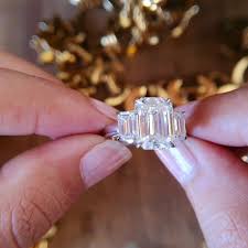 Three Stone Moissanite Ring, Emerald Cut Colorless ...