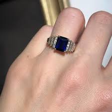 Vintage 10KT Yellow Gold Emerald-cut Lab Blue Sapphire + ...