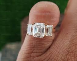 Vintage 4 CT Emerald Cut Three Stone Moissanite Ring, 14K ...