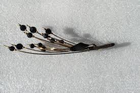 Vintage Large Lapel Brooch 5” Gold Metal Rods W Black Beads ...