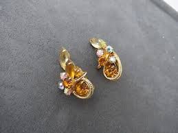 VTG AB Rhinestone Earrings Ear Climber Clip On Large Brown Amber Gold Tone | eBay