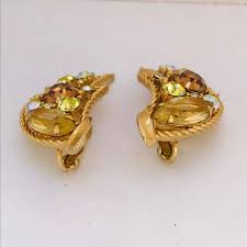 1961 EMMONS "amber Glow" Clip on Earrings - Leaf Motif - Yellow and Brown Rhinestones - Etsy