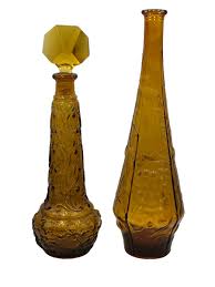 Two Vintage Empoli Amber Genie Bottle Decanters W/ Other ...