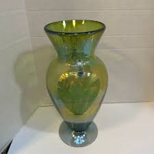 Iridescent Green Hand Blown Glass Vase With Applied Handles 14.5”