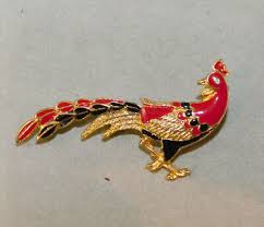 Pheasant Rooster Peacock Bird Red Black Enamel Rhinestone gold Brooch Pin | eBay