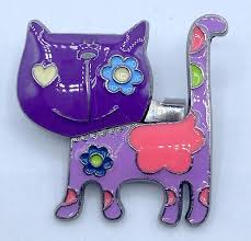 T3-369 BROOCH SILVER PIN 2.3" ANIMAL ENAMEL PURPLE CAT ...