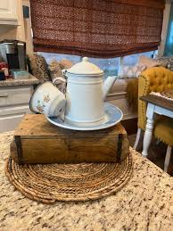 Vintage 1940's Enamelware White Petite Coffee Pot and Cinsa Vintage Enamel Blue and White Floral Tray Salad Bowl and Coffee Cup - Etsy