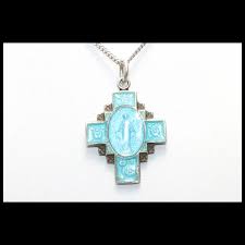 Vintage Sterling Silver Blue Enamel Mother Mary Cross Necklace. For Sale at Ruby Lane