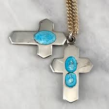Vintage Aqua & Pink Rose Enameled Sliding Cross Miraculous St Christopher Necklace — Worn-Over-Time