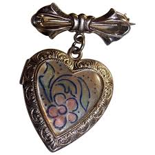 Sterling Silver Heart Locket Brooch with Bow Mother of Pearl. For Sale at Ruby Lane